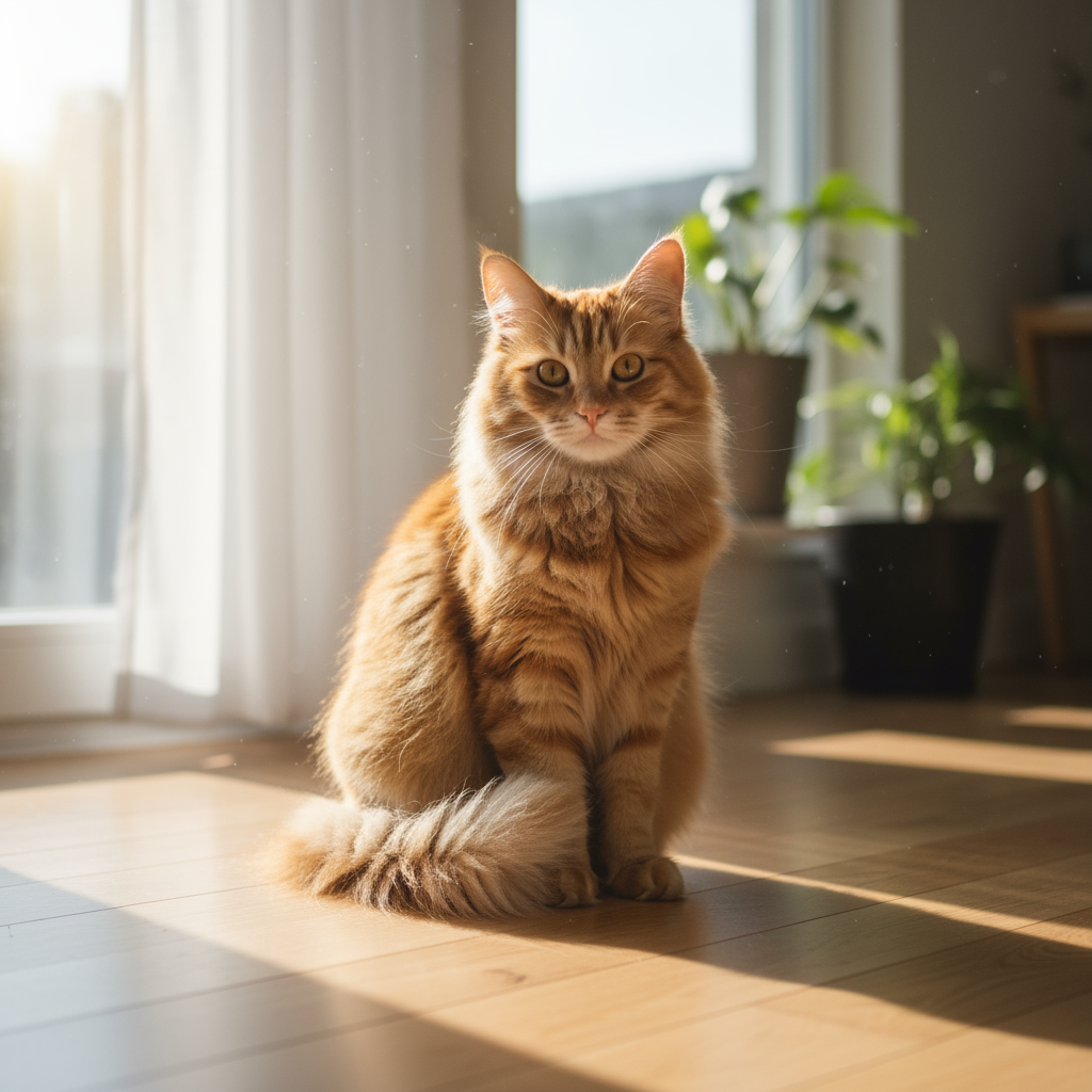תמונה פוטו-ריאליסטית של חתול ג’ינג’י פרוותי.