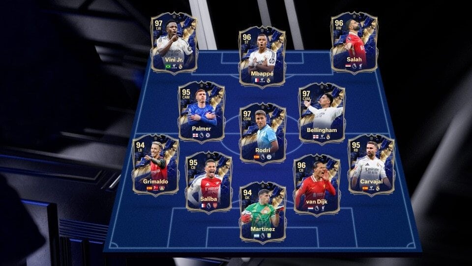 Picture of EA FC 25 men's TOTY cards displayed on a football field.