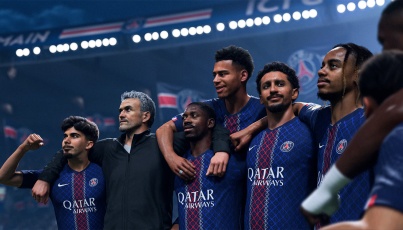 EA Sports FC gameplay showing Paris Saint-Germain players and their coach celebrating together on the pitch, arms linked in front of cheering fans.