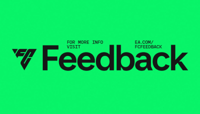 Bright green EA Sports FC feedback screen with the text 'For more info visit EA.com/FCFeedback' in bold black letters.