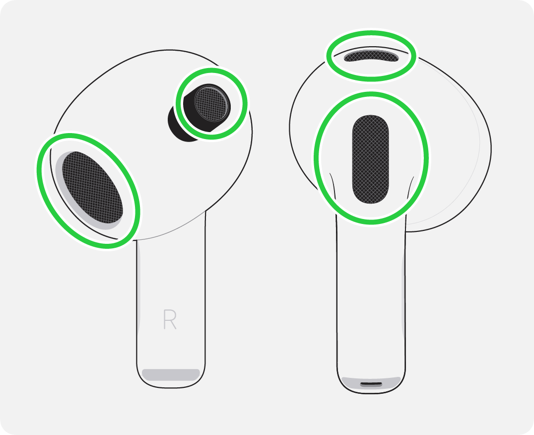 يمكنك تنظيف شبكة السماعة وشبكة التحكم في الضوضاء والميكروفون العلوي في سماعة AirPods 3.