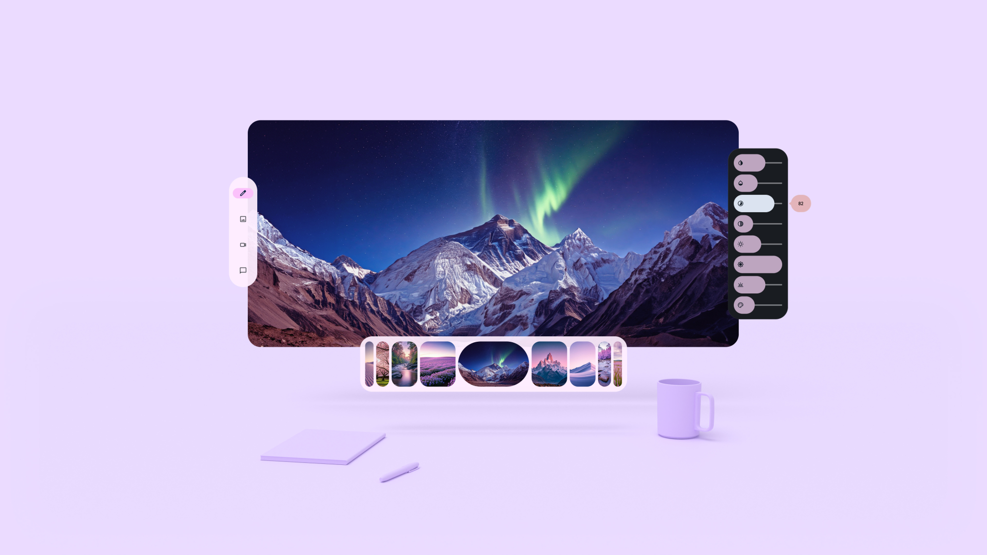 一款 Android XR 应用,其中显示了北极光和雪山。三个用户控制菜单位于轨道器中。它们位于主面板上方,分别位于主面板的左侧、右侧和底部。