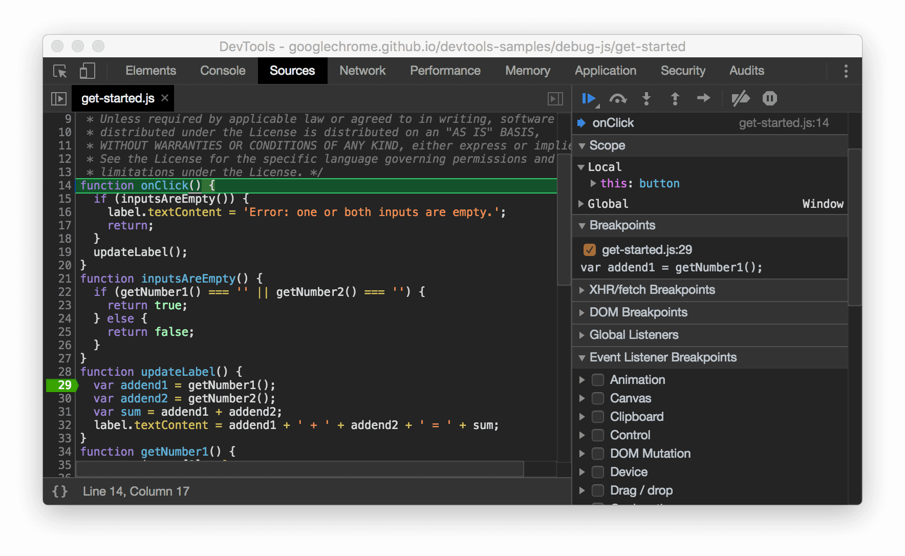 Een schermafbeelding van het nieuwe breekpuntpictogram en de huidige regel met het uitvoeringskleurenschema.