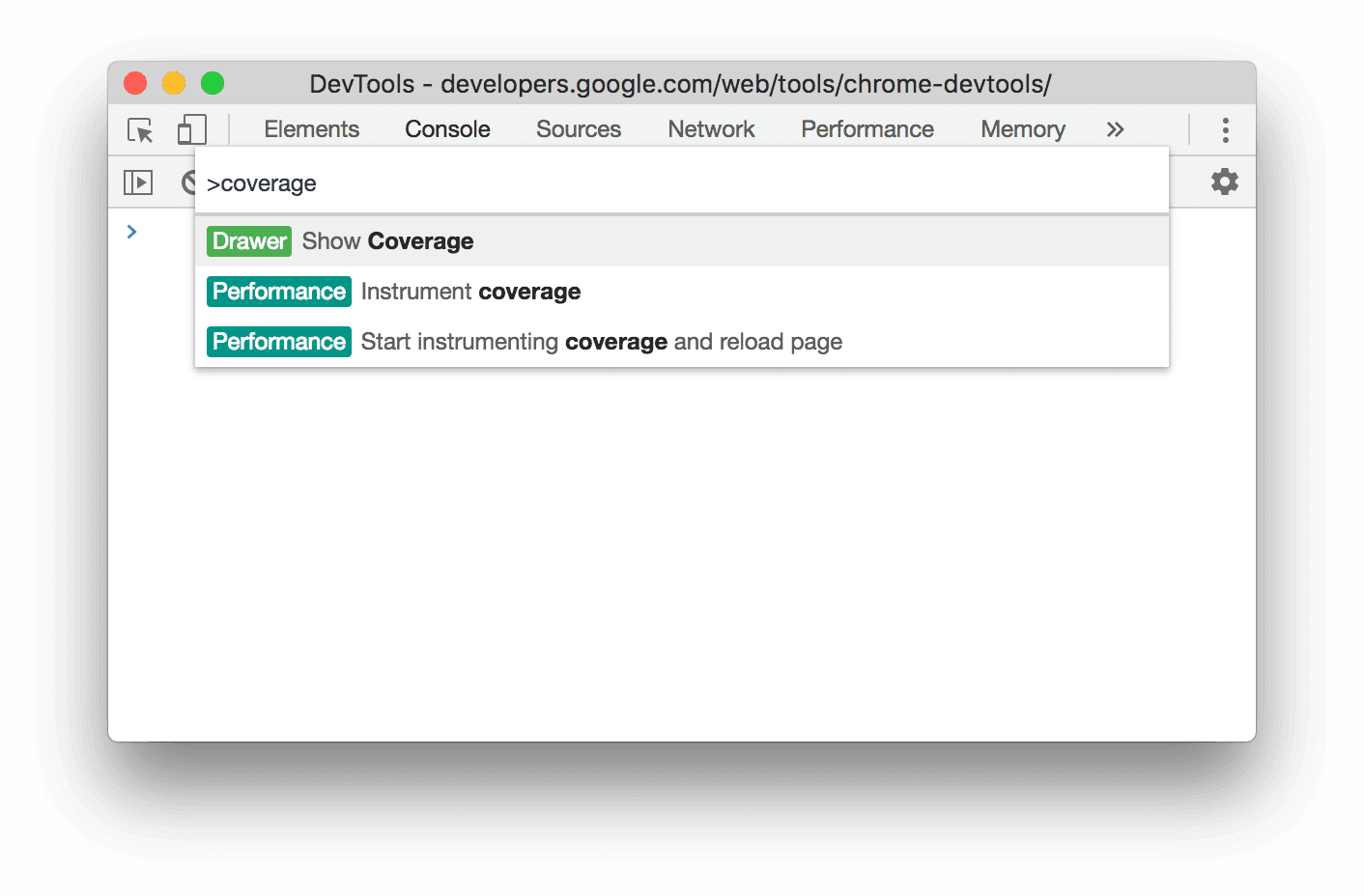 Mở thẻ Coverage (Phạm vi) trong Command Menu (Trình đơn lệnh).