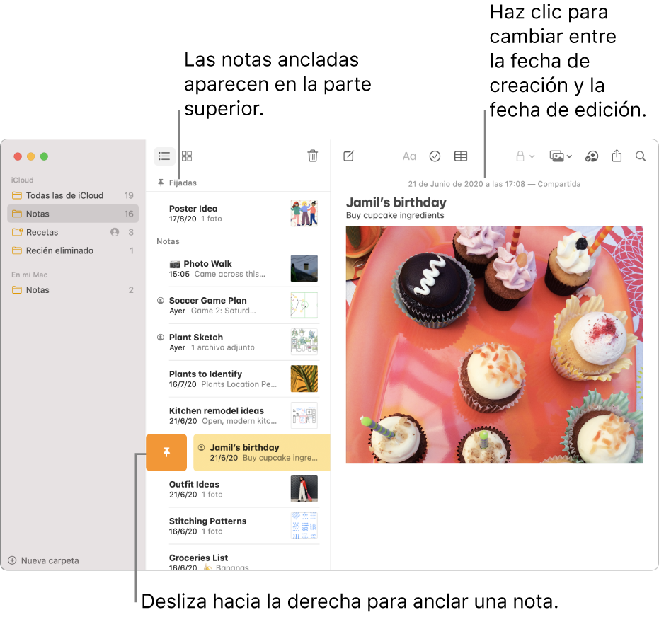 La ventana de Notas con la lista de notas en el centro, notas fijadas en la parte superior de la lista de notas y el botón Fijar en una nota. El contenido de dicha nota aparece a la derecha, con la fecha en la parte superior; haz clic en la fecha para cambiar entre la fecha de creación y la fecha de edición.
