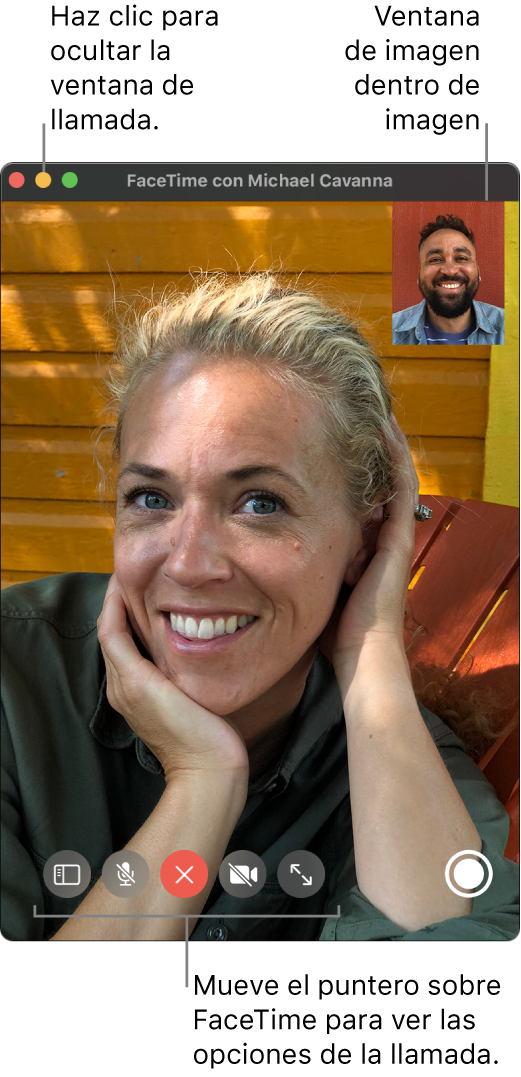 Mueve el puntero sobre la ventana de FaceTime para ver las opciones de llamada, como Barra lateral, Silenciar, Finalizar, Desactivar video, Pantalla completa y Live Photo. Haz clic en el botón central en la esquina superior izquierda para ocultar la ventana de la llamada. La ventana de PIP aparece en la esquina superior derecha.