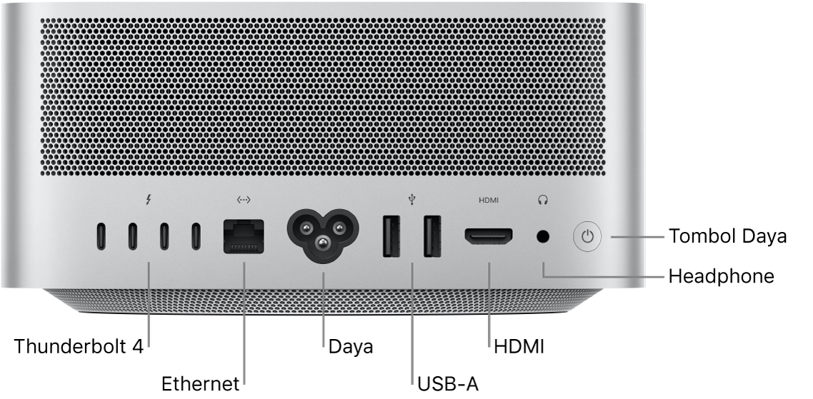 Bagian belakang Mac Studio menampilkan empat port Thunderbolt 4 (USB-C), port Gigabit Ethernet, port daya, dua port USB-A, port HDMI, jack headphone 3,5 mm, dan tombol daya.