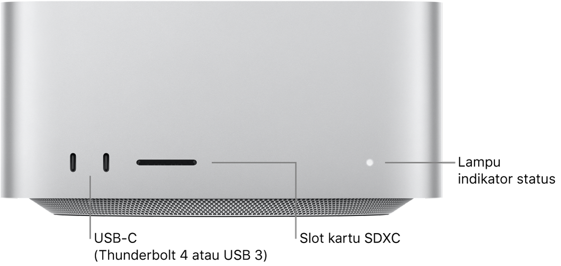 Bagian depan Mac Studio menampilkan dua port USB-C, slot kartu SDXC, dan lampu indikator status.