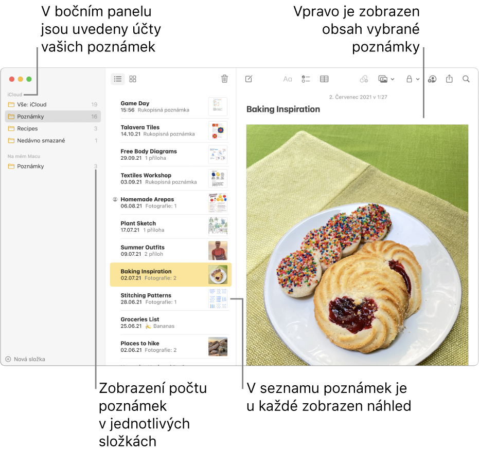 Okno Poznámky se seznamem všech nakonfigurovaných účtů a složek v seznamu na bočním panelu vlevo; uprostřed seznam poznámek s náhledy každé z nich; vpravo obsah vybrané poznámky. U každé složky je zobrazen počet poznámek.