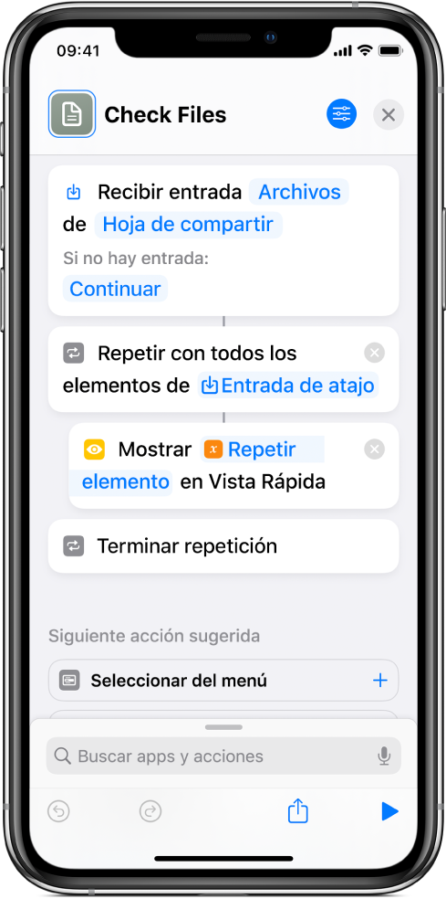 La acción “Vista rápida” en el editor de atajos.