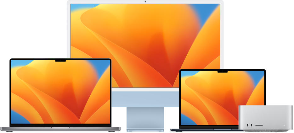 De izquierda a derecha, una MacBook Pro, iMac y MacBook Air con escritorios coloridos. Una Mac Studio está en el extremo derecho.