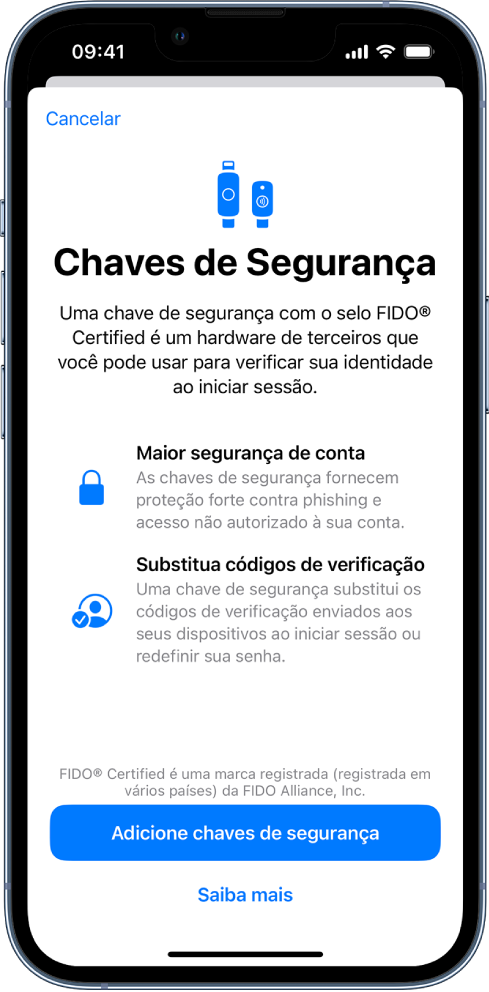 Tela de boas-vindas das Chaves de Segurança. O botão “Adicionar Chaves de Segurança” e um link “Saiba Mais” encontram-se perto da parte inferior. Acima deles há um texto explicativo sobre os benefícios do uso de chaves de segurança.