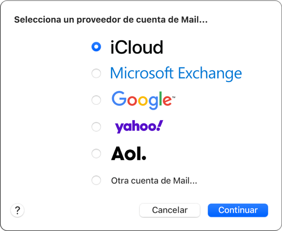Una ventana de Mail mostrando el cuadro de diálogo de la cuenta.