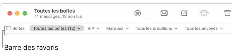 La barre des favoris comprenant le bouton « Boîtes aux lettres » et les boutons permettant d’accéder aux boîtes aux lettres favorites, telles que les boîtes VIP et Marqués.