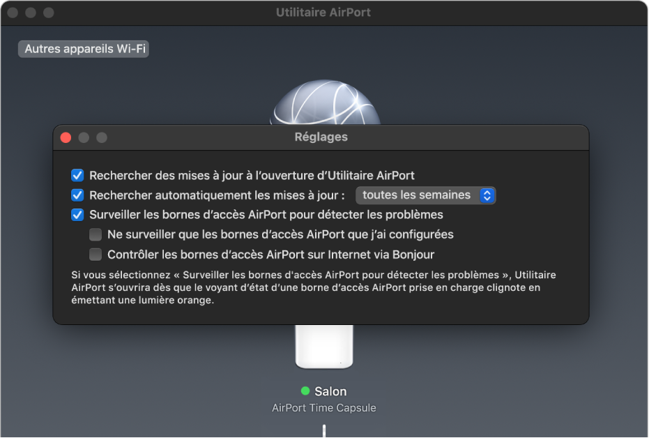 Réglages Utilitaire AirPort, affichant les cases « Rechercher des mises à jour à l’ouverture d’Utilitaire AirPort », « Rechercher automatiquement les mises à jour » et « Surveiller les bornes d’accès AirPort pour détecter les problèmes ».