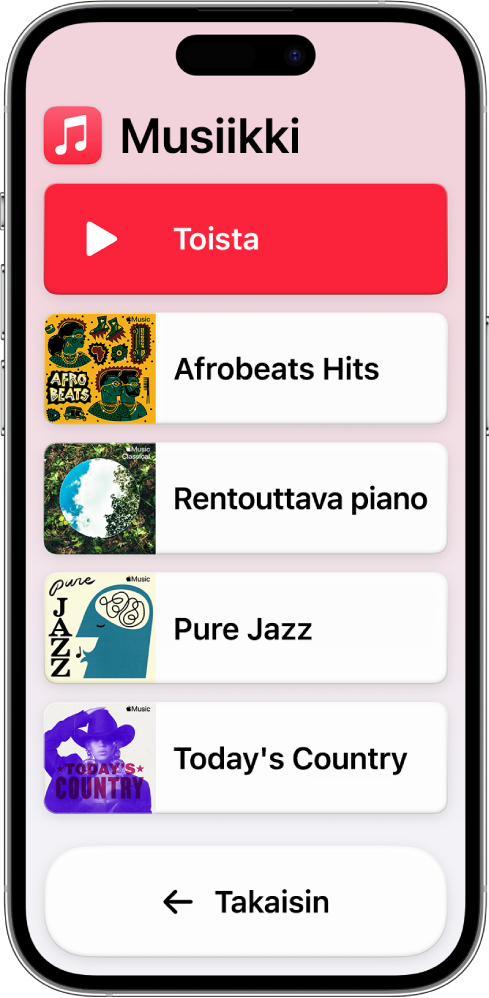 Musiikki-appi auki iPhonessa, jossa on päällä avustettu käyttö. Näytön yläreunassa näkyy Toista-painike ja alareunassa Takaisin-painike. Näytön keskiosan täyttää luettelo soittolistoista.