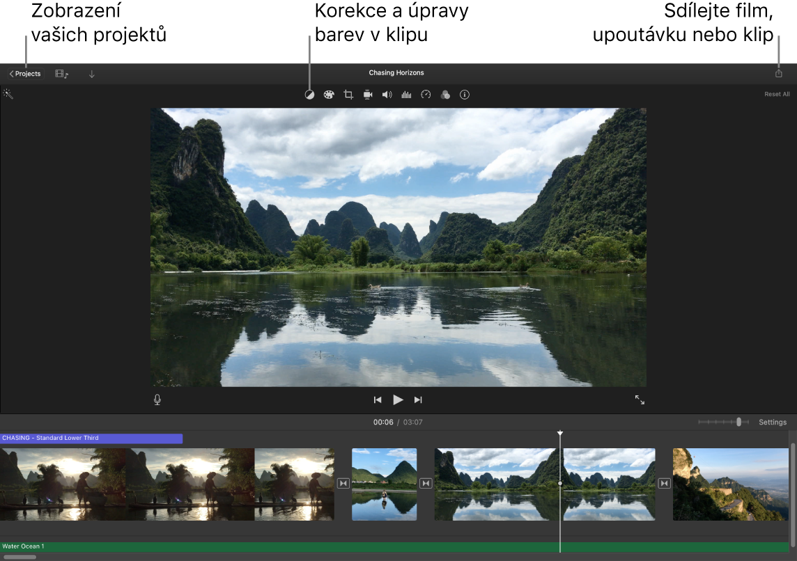 Okno iMovie s popisky tlačítek pro prohlížení projektů, korekci a úpravy barev a sdílení filmů, upoutávek či filmových klipů