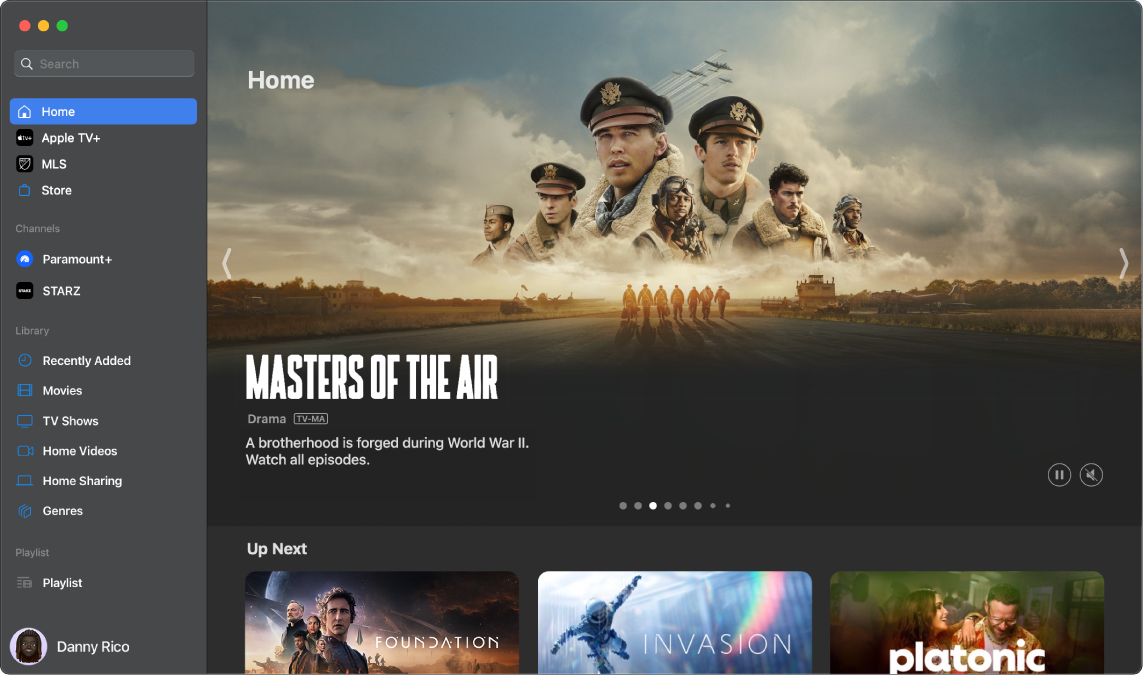 Die Apple TV App zeigt die Seitenleiste mit verschiedenen Kategorien und der Startseite.