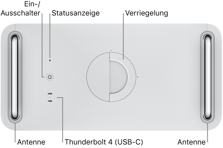 Oben auf dem Mac Pro befinden sich Ein-/Ausschalter, Betriebsanzeige, Verriegelung, zwei Thunderbolt 4-Anschlüsse (USB-C) und zwei Antenne, eine links und eine rechts.