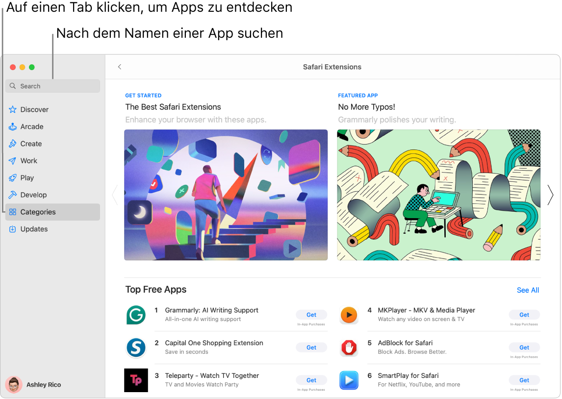 Das App Store-Fenster zeigt das Suchfeld und eine Seite mit Safari-Erweiterungen.