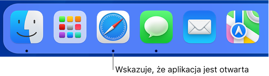 Fragment Docka z czarnymi kropkami pod ikonami otwartych aplikacji.