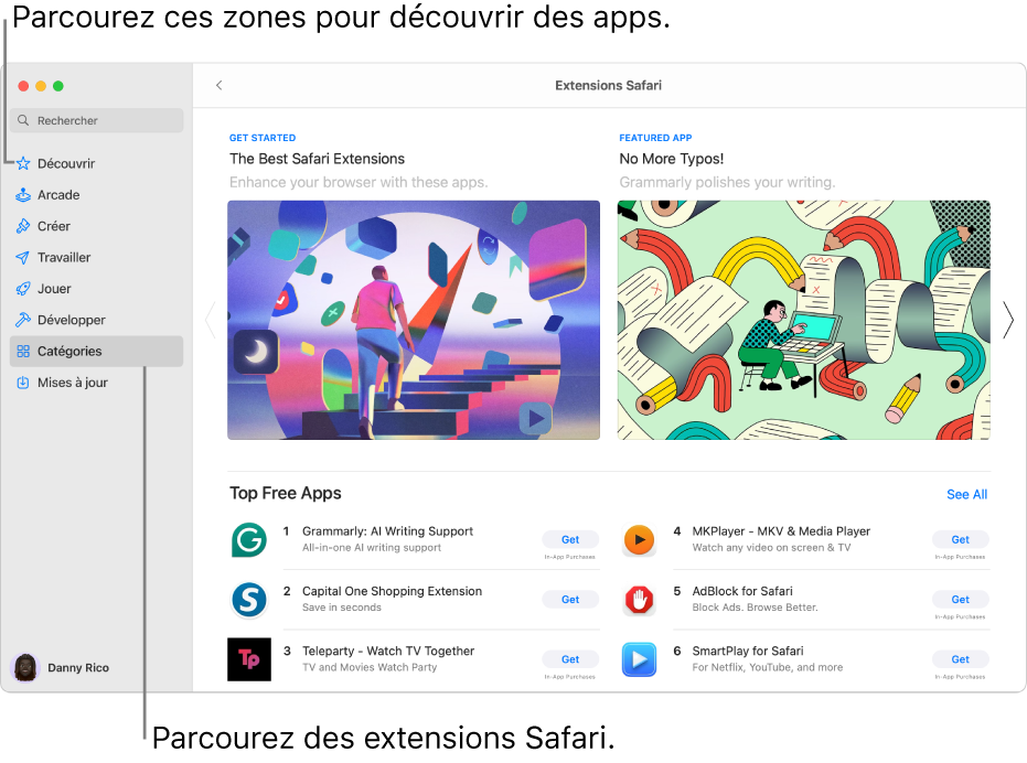 Page principale des extensions Safari du Mac App Store. La barre latérale située à gauche comprend des liens vers d’autres pages : Découvrir, Arcade, Créer, Travailler, Jouer, Développer, Catégories et Mises à jour. À droite se trouvent les extensions Safari disponibles.