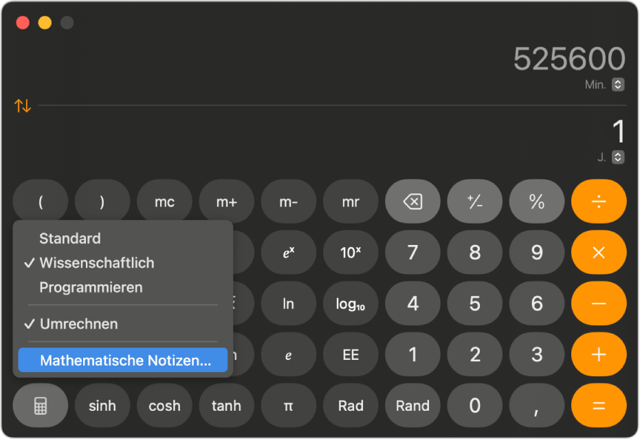 Ein Rechner im wissenschaftlichen Modus mit einem geöffneten Menü und „Mathematische Notizen“ ausgewählt.