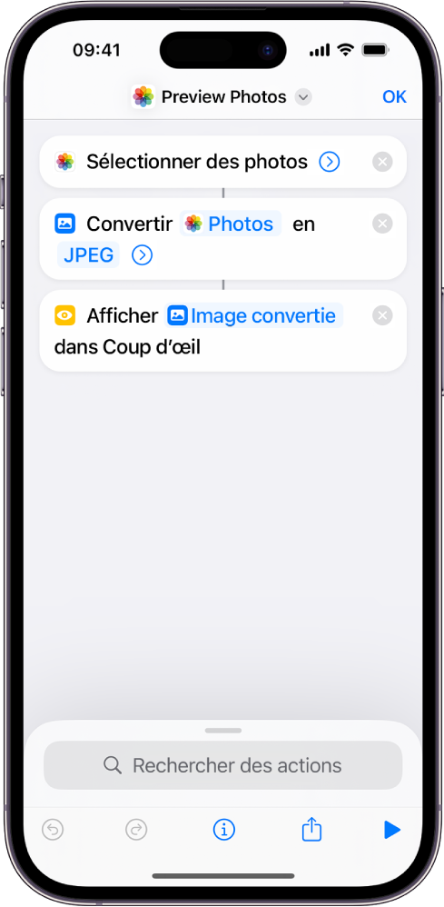Exemple d’action « obtenir » avec une ligne centrale transmettant sa sortie à une autre action.