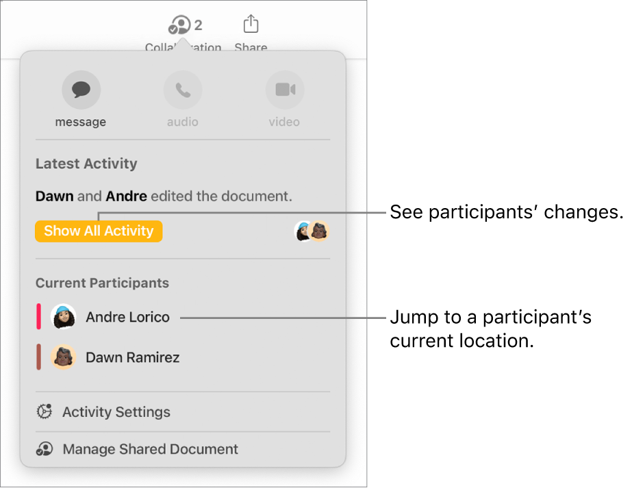 The collaboration menu with two current participants listed.