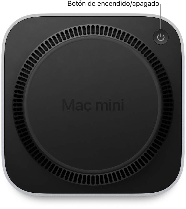 La parte inferior de la Mac mini mostrando el botón de encendido.
