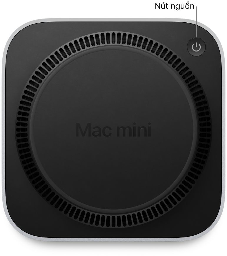 Mặt dưới của Mac mini hiển thị nút Nguồn.
