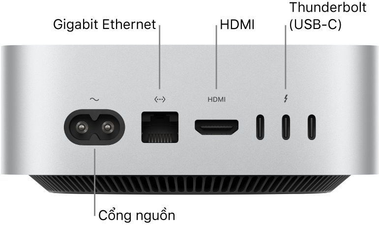 Mặt sau của Mac mini với M4 Pro đang hiển thị cổng nguồn, cổng Gigabit Ethernet, cổng HDMI và ba cổng Thunderbolt (USB-C).