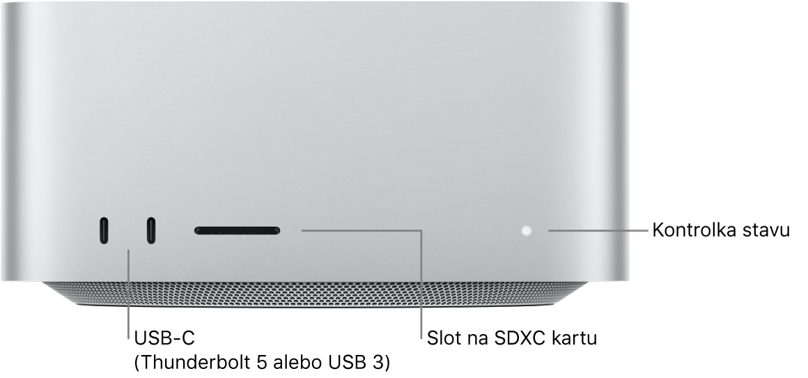 Predná časť Mac Studia zobrazujúca dva porty USB-C, slot pre karty SDXC a svetelný indikátor stavu.