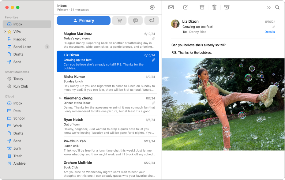A Mail window showing various mailboxes in the sidebar.