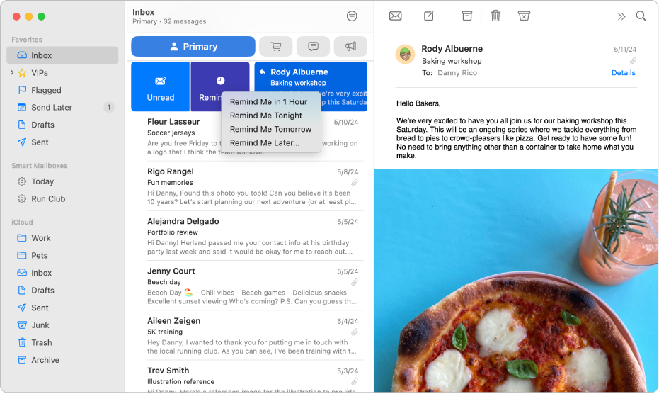 A Mail window showing various reminder options.