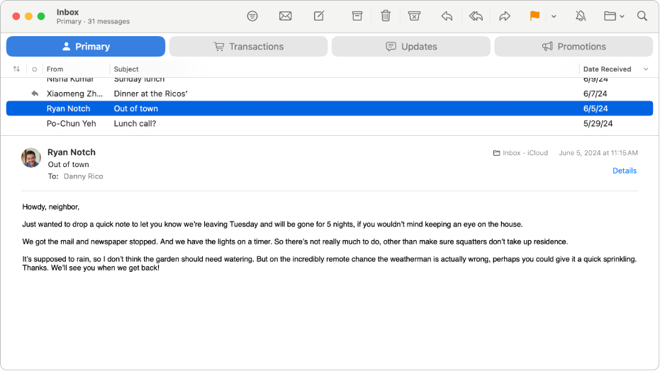 The Mail window showing the message list in column layout — with columns such as From, Subject and Date Received — and the message preview below the list.