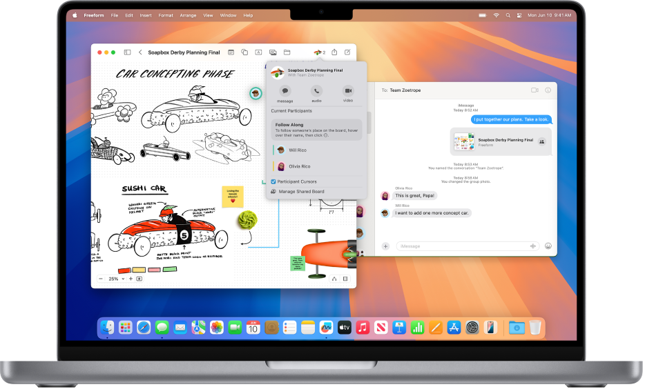 سطح مكتب الـ Mac يتضمن نافذتين مفتوحتين: نافذة المساحة الحرة مع لوحة مشتركة وخيارات للتعاون، وتطبيق الرسائل مع محادثة تظهر نفس اللوحة المشتركة.