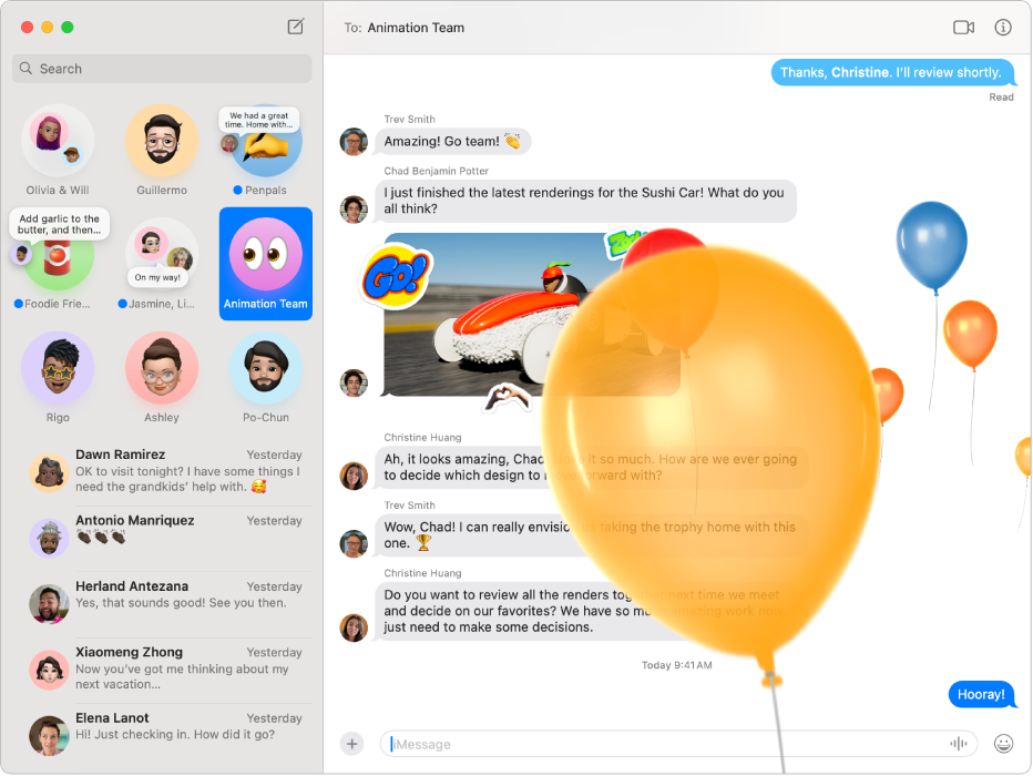 La fenêtre Messages avec plusieurs conversations dans la barre latérale de gauche, ainsi qu’une conversation active sur la droite. La conversation comprend des effets de message avec des ballons, une photo et un Tapback sur le dernier message.