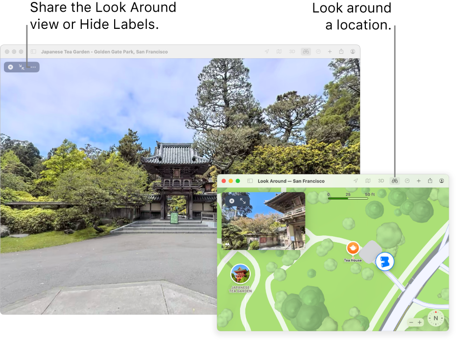 An interactive 360-degree view of a local attraction in San Francisco, with a 3D map in the lower-right corner.