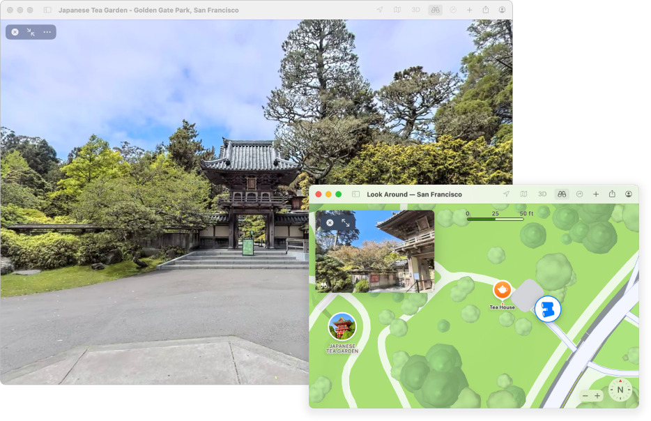 An interactive 360-degree view of a local attraction in San Francisco, with a 3D map in the lower-right corner.