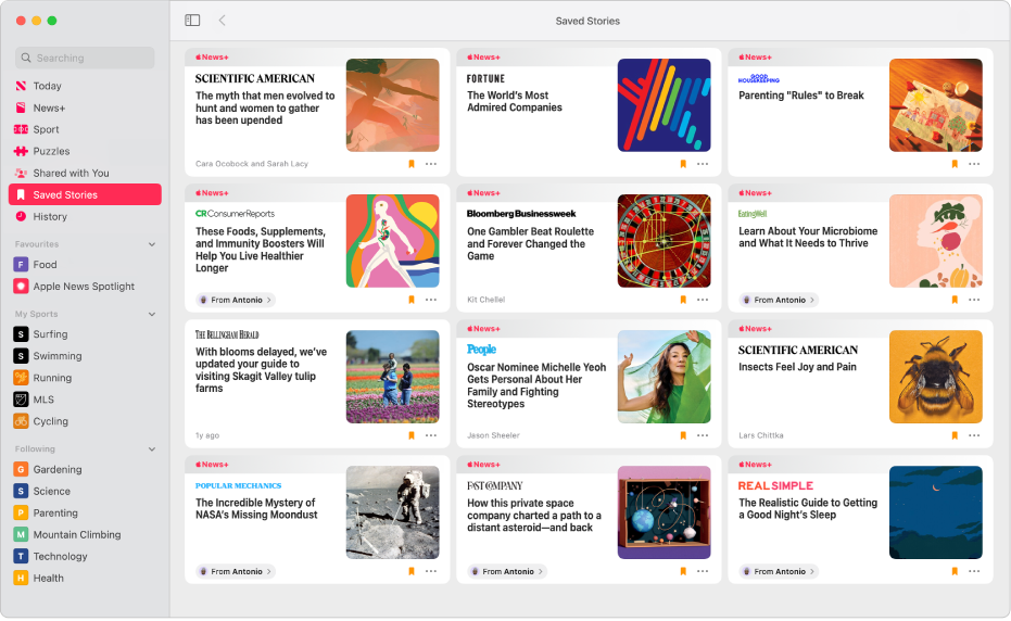 The Apple News window showing Saved Stories selected in the sidebar and a grid of saved stories on the right.