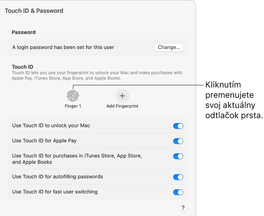 Panel nastavení Touch ID a heslo zobrazujúci odtlačok prsta pripravený, aby sa použil na odomknutie Macu.