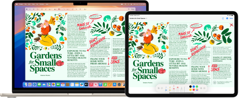 Một MacBook Air và một iPad ở cạnh nhau. Cả hai màn hình đều hiển thị một bài viết có các phần chỉnh sửa màu đỏ được viết nguệch ngoạc, ví dụ như các câu bị gạch bỏ, mũi tên và các từ được thêm. iPad cũng có các điều khiển Đánh dấu ở cuối màn hình.
