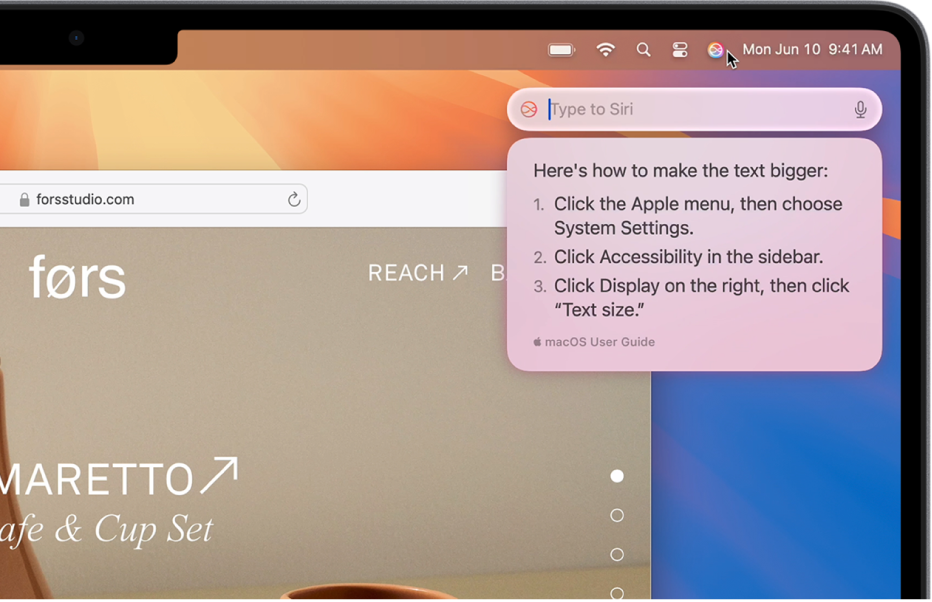 Mac 桌面的右上方部份,選單列中顯示 Siri 圖像,且「輸入以使用 Siri」欄位顯示 Siri 提供如何放大文字的步驟。