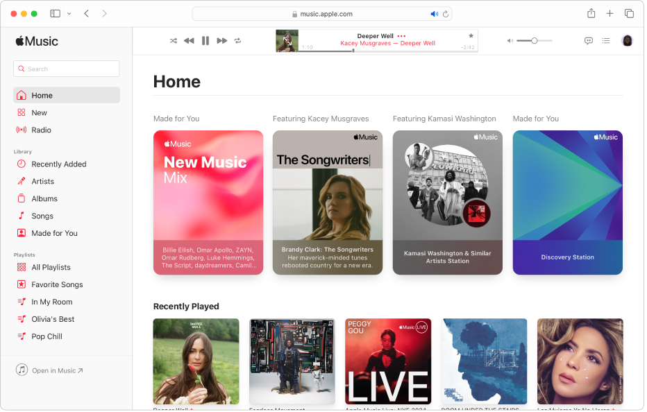 Okno Apple Music v Safari s otevřenou obrazovkou Pusťte si