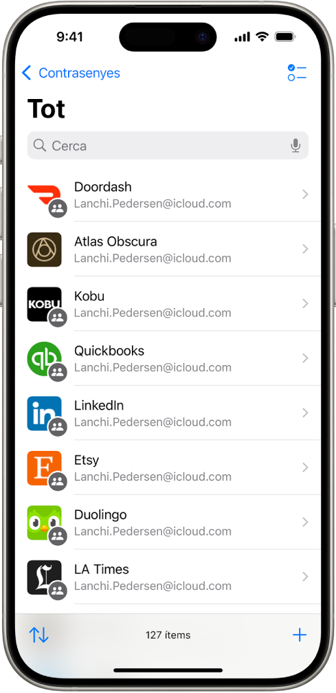 Una llista d’apps a l’app Contrasenyes.