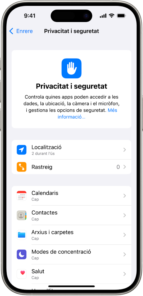 La pantalla “Privacitat i seguretat” a l’app Configuració.