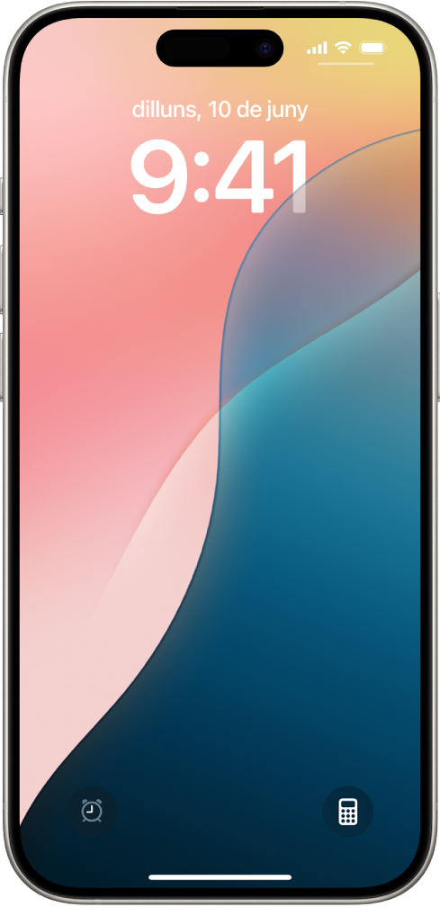 La pantalla bloquejada de l’iPhone. Els controls de l’angle inferior dret i esquerre de la pantalla estan personalitzats.