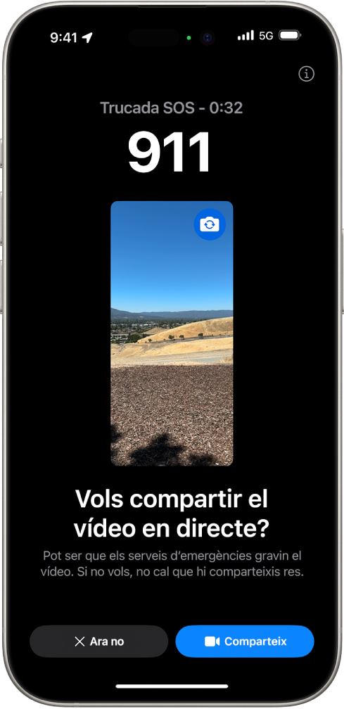 Un pantalla de vídeo en directe de l’avís d’emergència SOS que mostra una trucada d’emergència al número 112 amb una previsualització del vídeo al centre. A la part inferior, hi ha els botons “Ara no” i “Vídeo compartit”.