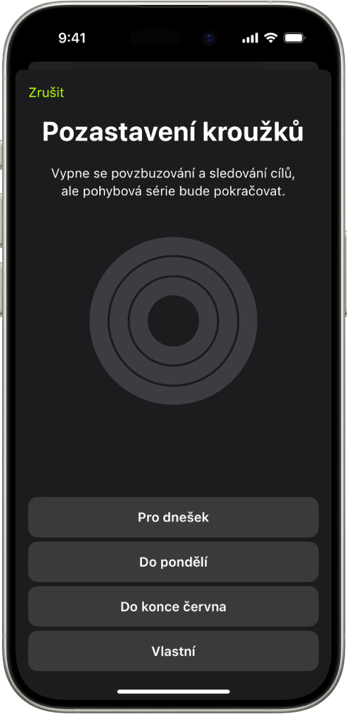 Obrazovka Pause Your Rings v aplikaci Kondice, na které se zobrazují možnosti pozastavení kroužků aktivity.